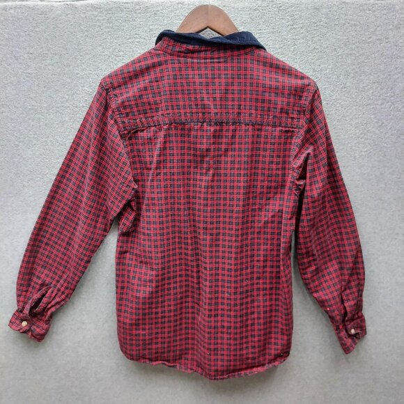 Bobbie Brooks Ladies M Red Plaid Button-Up Shirt W/ Navy Collar & Christmas Embr - Picture 2 of 3